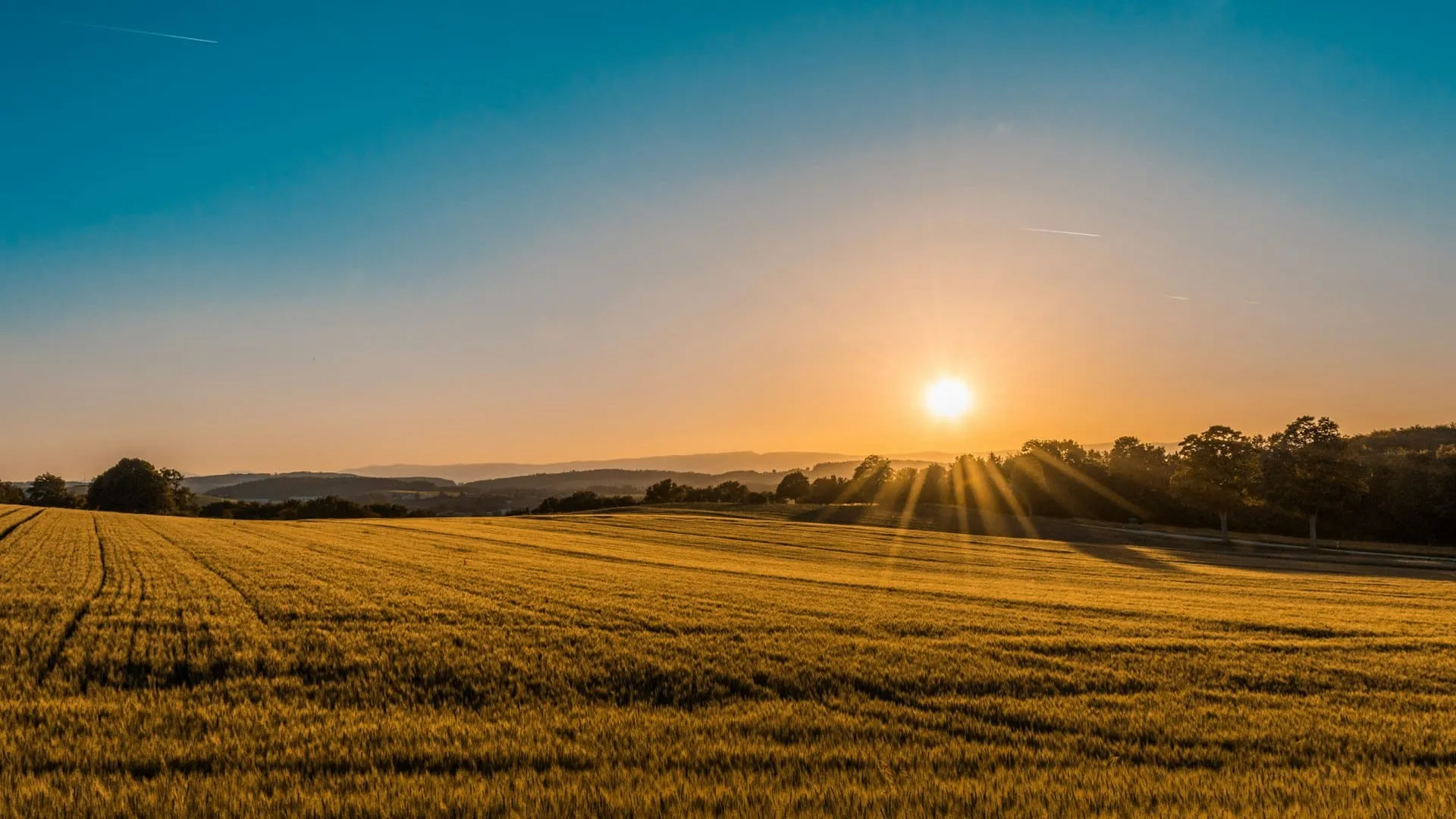 Campo rural con montañas al atardecer